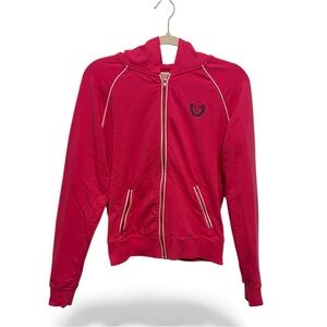 American Eagle Jacket Women’s Large Pink Y2K Style Hooded Embroidered Track Zip